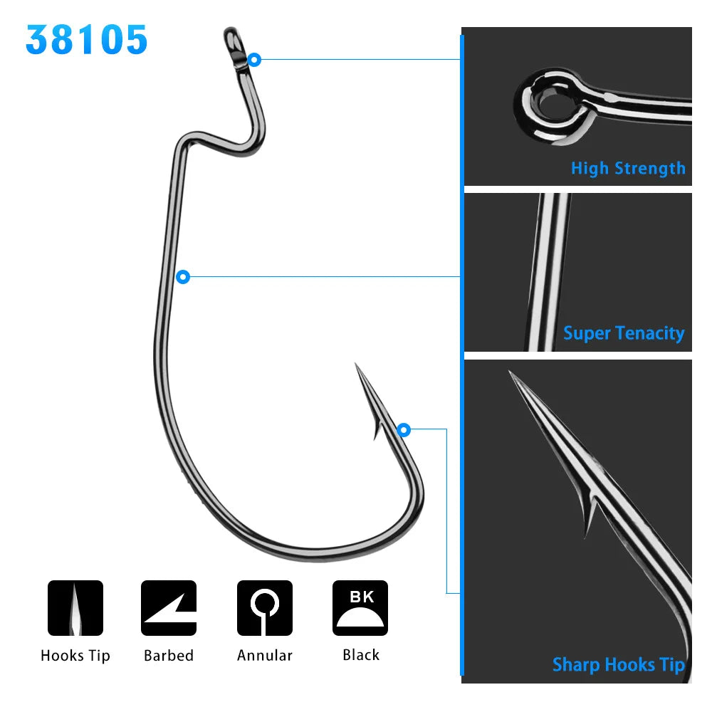 100pcs/bag 1/0-5/0# Worm Hook Black High Carbon Jig Big Hook Soft Bait Fishhook Offset Worm Fishing Hooks