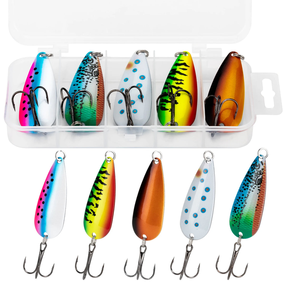 THKFISH 5pcs Fishing Spoon Trout Lure 3.5g 5g 7g 10g 15g 21g 28g Metal Spoon Hard Bait Trebble Hook For TROUT BASS PIKE Fishing