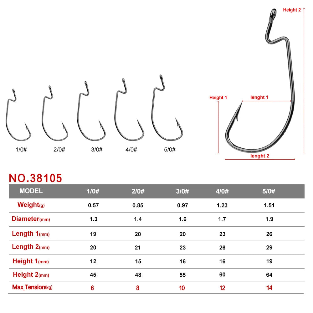 100pcs/bag 1/0-5/0# Worm Hook Black High Carbon Jig Big Hook Soft Bait Fishhook Offset Worm Fishing Hooks