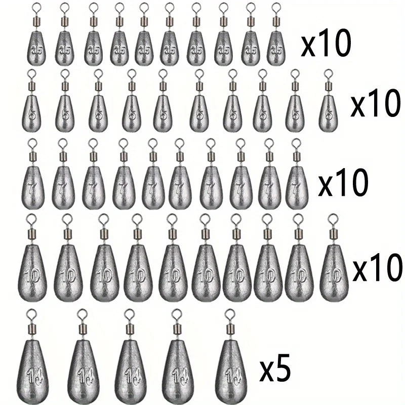 45pcs/set Different weights of fishing sinkers: 3.5G, 5G, 7G, 10G and 14G. With swivels.