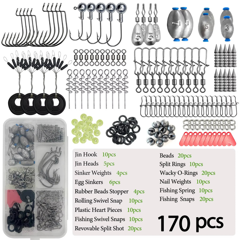 170-410pcs Professional Fishing Kit with Tackle Box, Hooks Sinkers Swivels for Bass Trout Saltwater Fishing Complete Lure Set
