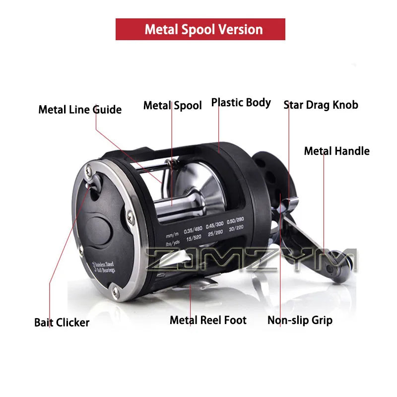 Sea Fishing Drum Reel Full Metal Head, Visual Fish Finder Boat Fishing Reel with Powerful Drag System