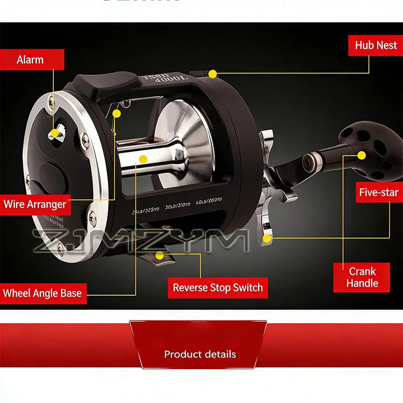 Sea Fishing Drum Reel Full Metal Head, Visual Fish Finder Boat Fishing Reel with Powerful Drag System