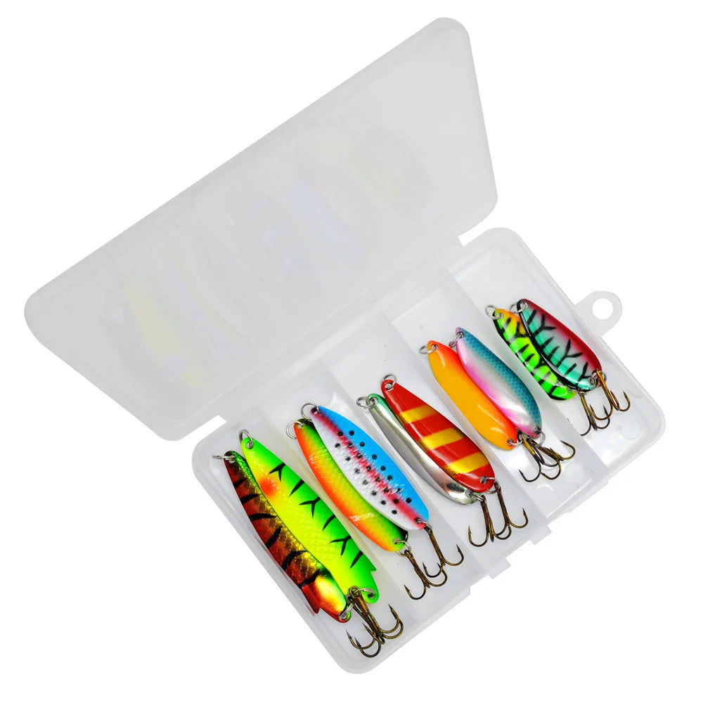 10pcs/box Fishing Spoons Hard Bait For Pike Trout Metal Spinner Spoon Lure Mix Colors With Treble Hooks Artificial Lures Set