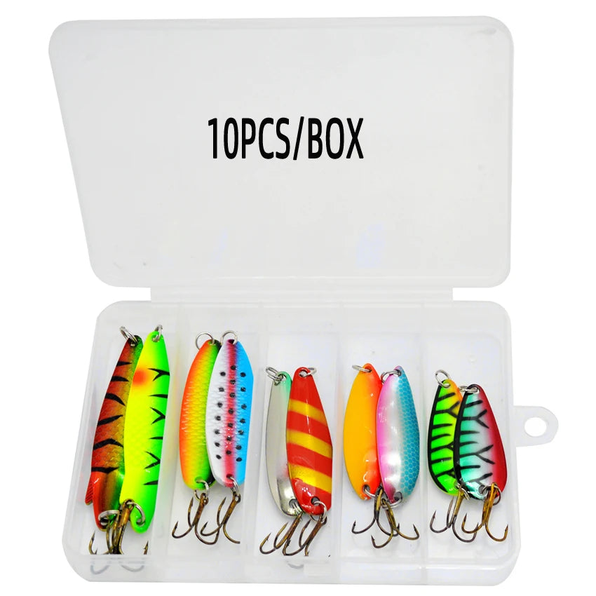 10pcs/box Fishing Spoons Hard Bait For Pike Trout Metal Spinner Spoon Lure Mix Colors With Treble Hooks Artificial Lures Set