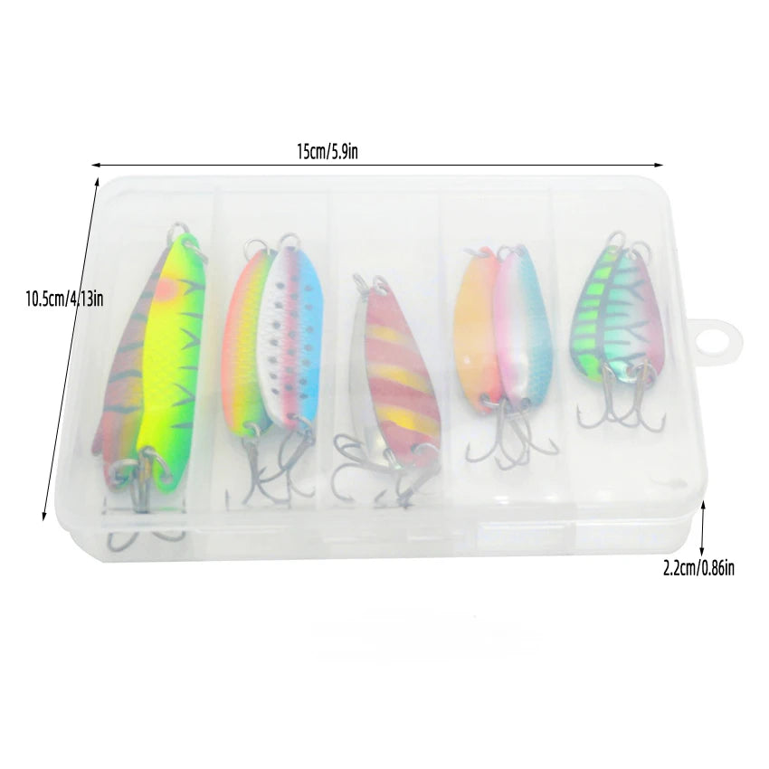 10pcs/box Fishing Spoons Hard Bait For Pike Trout Metal Spinner Spoon Lure Mix Colors With Treble Hooks Artificial Lures Set