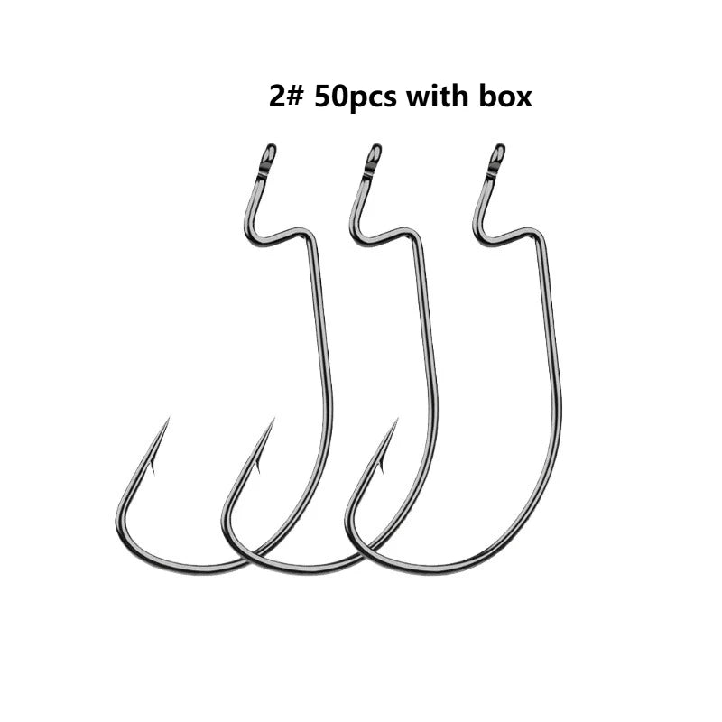 50Pcs Box High Carbon Stainless Steel Fishing Hooks Set Jig Crank Barbed Hook Wide Gap Offset Fishhook Soft Worm Sea Hook Tackle