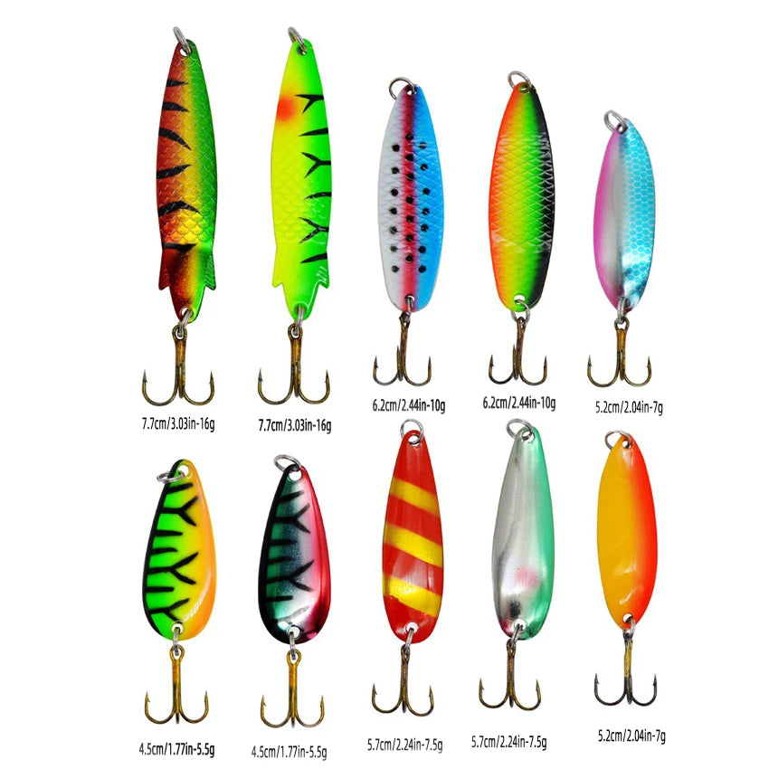 10pcs/box Fishing Spoons Hard Bait For Pike Trout Metal Spinner Spoon Lure Mix Colors With Treble Hooks Artificial Lures Set
