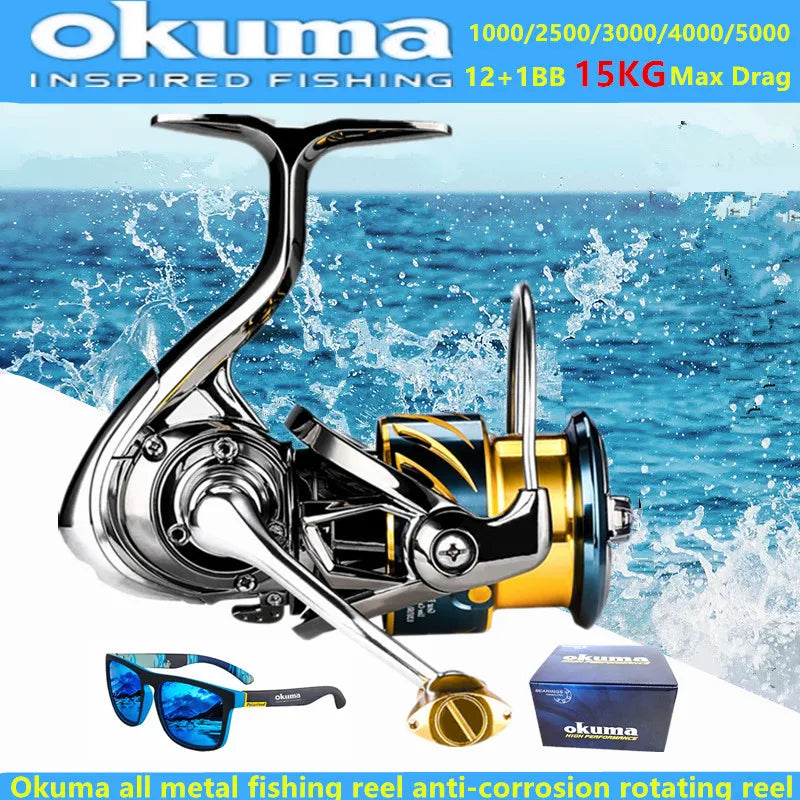 Okuma All Metal Fishing Reel 12+1BB15KG Max Drag Anti Seawater Rotating Reel 1000-5000
