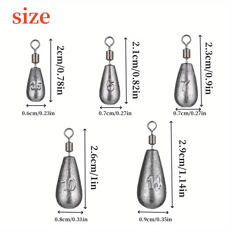 45pcs/set Different weights of fishing sinkers: 3.5G, 5G, 7G, 10G and 14G. With swivels.