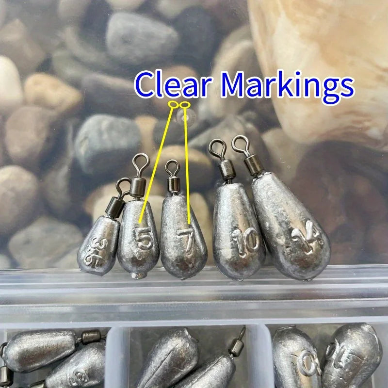 45pcs/set Different weights of fishing sinkers: 3.5G, 5G, 7G, 10G and 14G. With swivels.