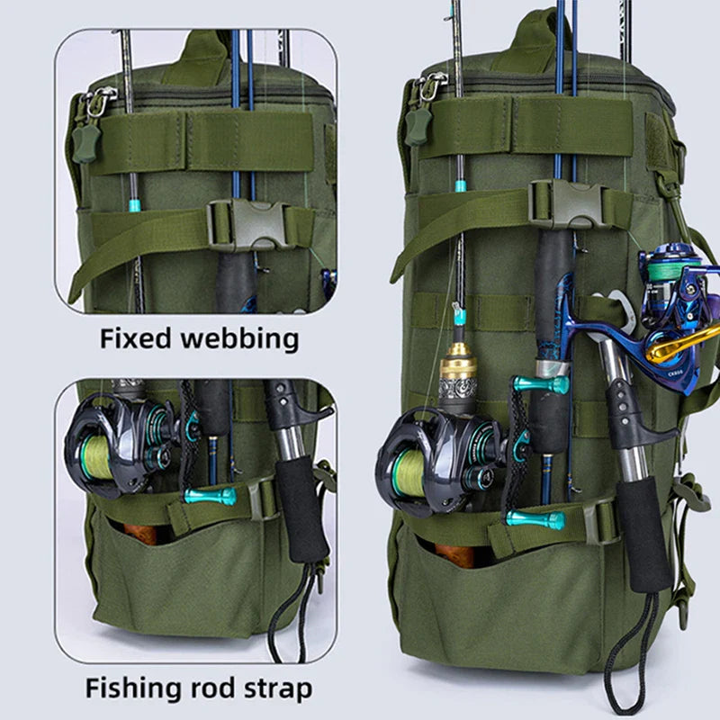 Tactical Fishing Backpack with Rod Holders – Waterproof MOLLE Tackle Bag for Camping, Hiking & Travel