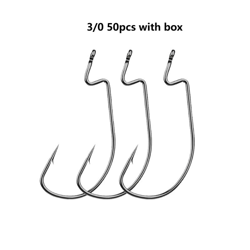 50Pcs Box High Carbon Stainless Steel Fishing Hooks Set Jig Crank Barbed Hook Wide Gap Offset Fishhook Soft Worm Sea Hook Tackle