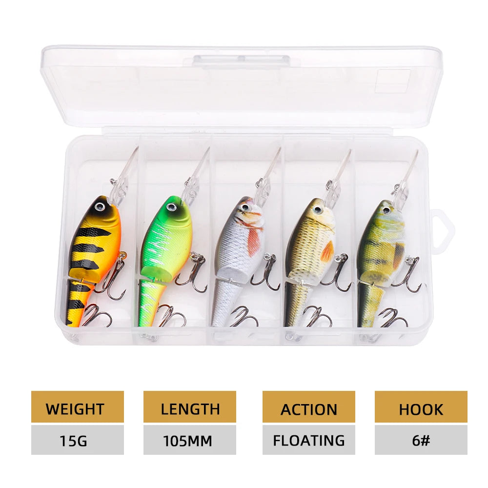 Agoie 5pcs Jointed Crankbait Deep Diving Lure 105mm 15g Floating Wobbler with Rattles for Bass Pike Zander Hard Bait Fishing Set