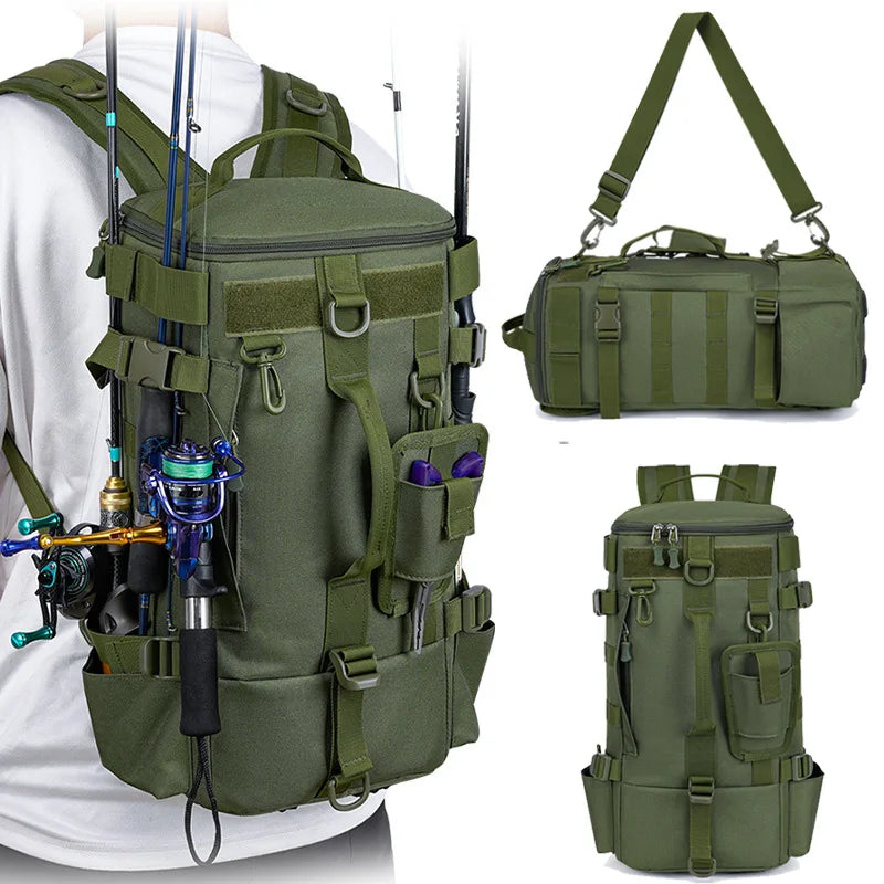 Tactical Fishing Backpack with Rod Holders – Waterproof MOLLE Tackle Bag for Camping, Hiking & Travel