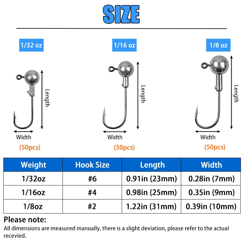 50pcs/set Crappie Jig Heads Fishing Hooks 1g 2g 3.5g Crank Jig Head Fishing Hook Lures Bait Soft Worm Fishhook Accessories For F