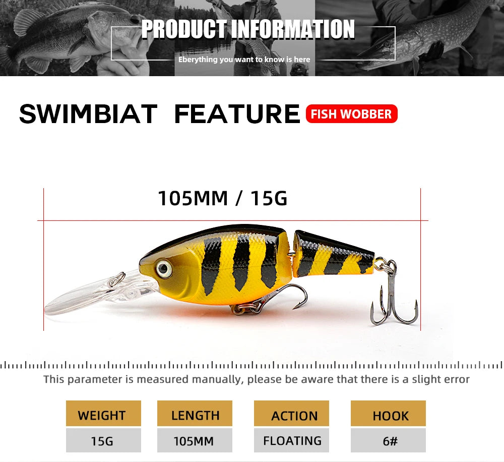 Agoie 5pcs Jointed Crankbait Deep Diving Lure 105mm 15g Floating Wobbler with Rattles for Bass Pike Zander Hard Bait Fishing Set