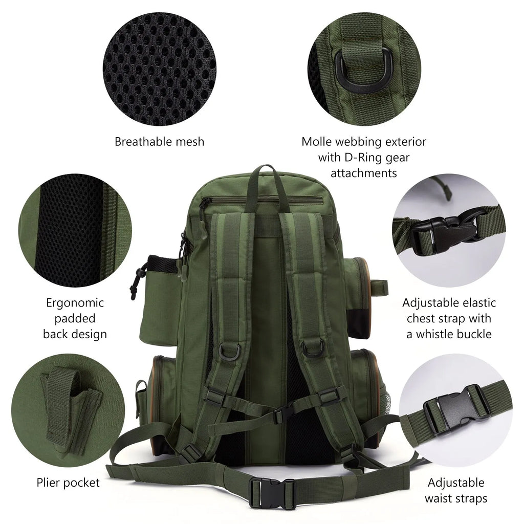 Lightweight Tactical Fishing Tackle Backpack – Multifunctional Tackle Bag with MOLLE, Rod Holders & Rain Cover