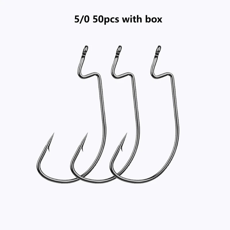 50Pcs Box High Carbon Stainless Steel Fishing Hooks Set Jig Crank Barbed Hook Wide Gap Offset Fishhook Soft Worm Sea Hook Tackle