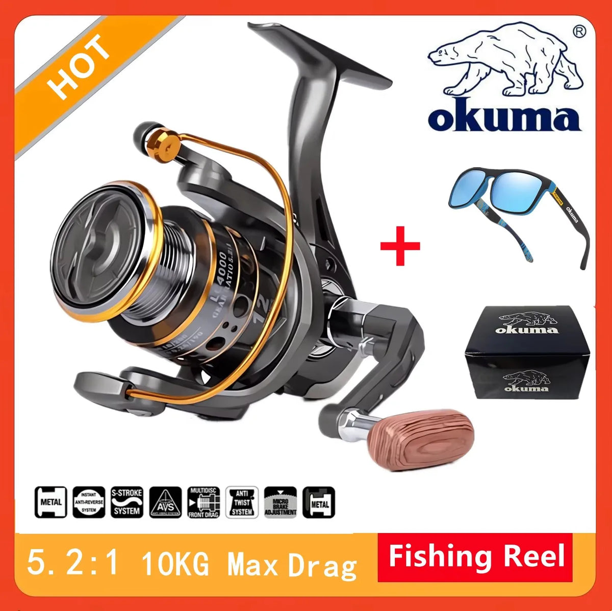 Okuma High Speed 5.2:1 Fishing Spinning Reel Anti-Corrosion Casting Reel Saltwater Freshwater 10KG Front and Rear Drag Reel