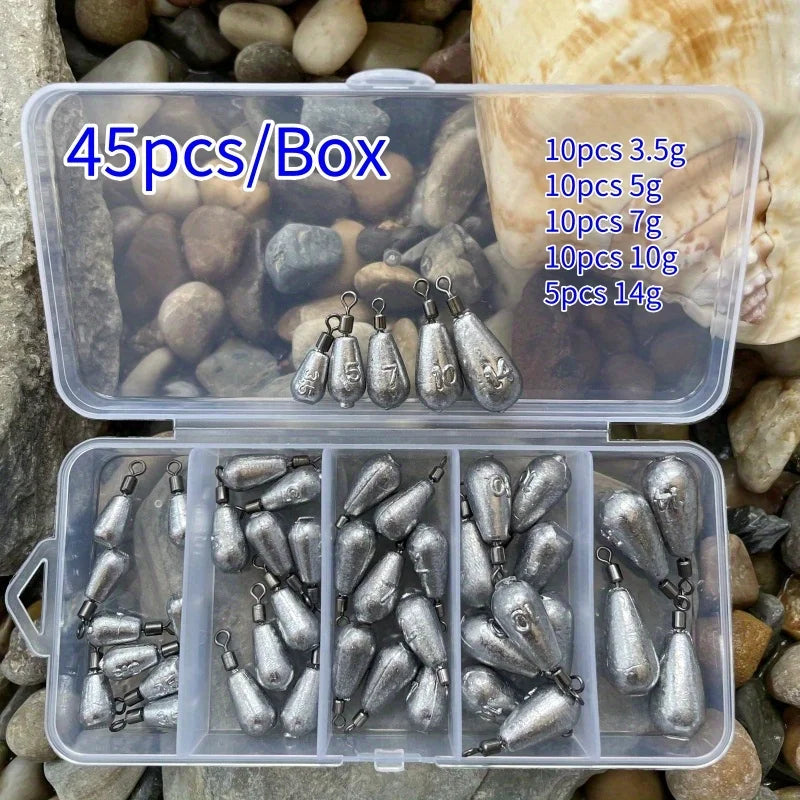 45pcs/set Different weights of fishing sinkers: 3.5G, 5G, 7G, 10G and 14G. With swivels.