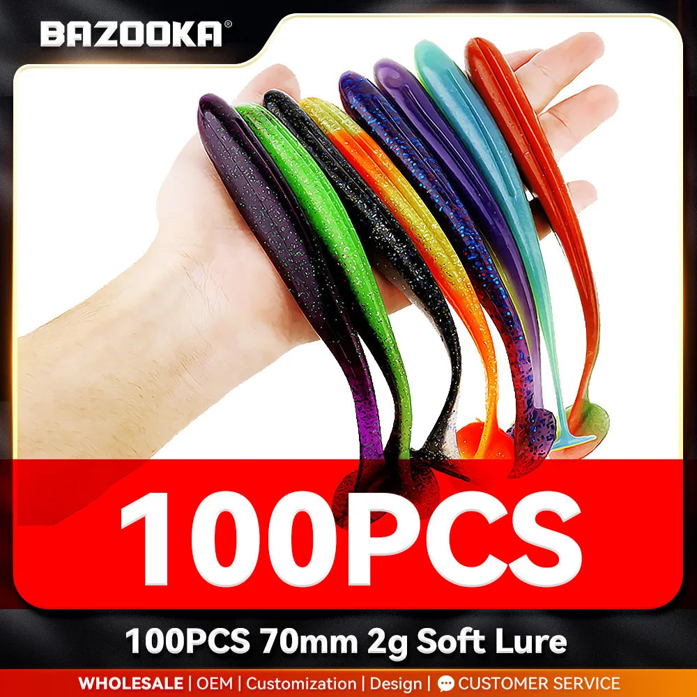 100PCS 70mm 2g Bazooka Shad Worm Fishing Lure Soft Big Silicone T Tail Easy Shiner Bait Wobbler Swimbait Pesca Pike Bass Winter