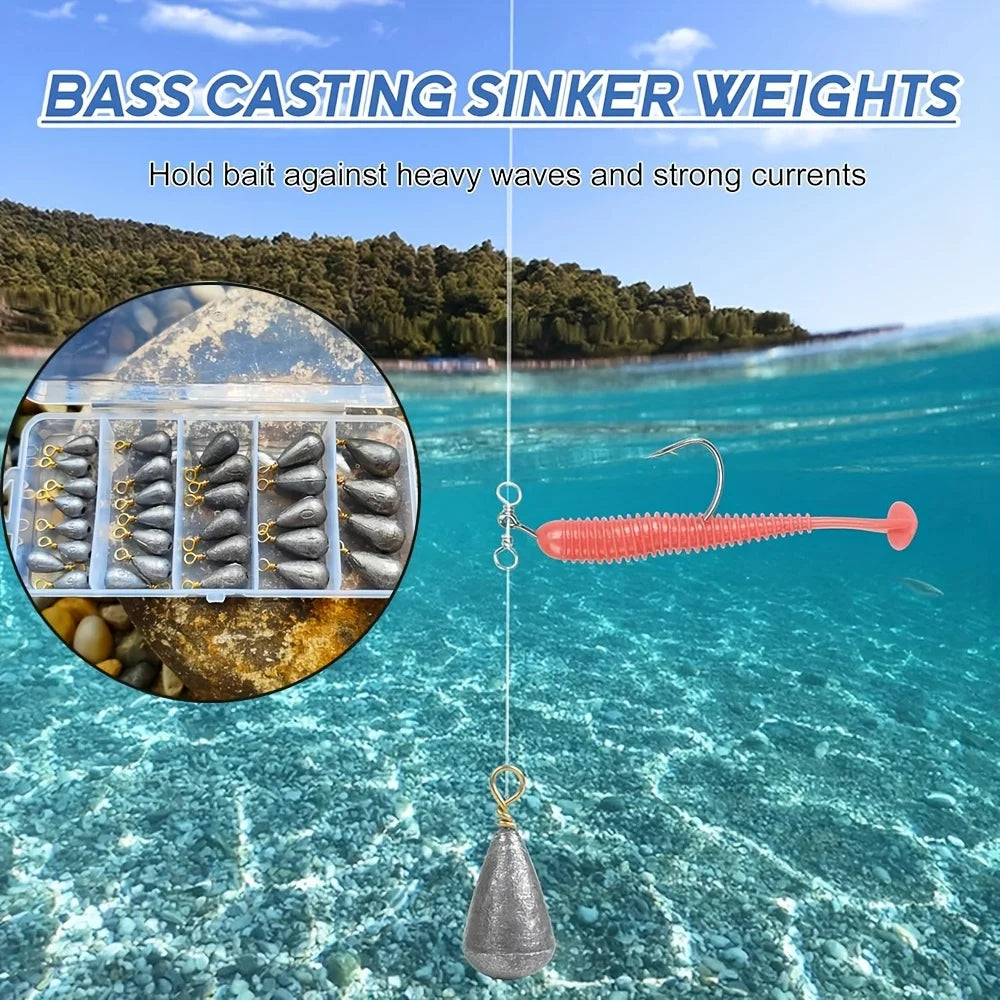 30pcs Fishing Weights Kit 3.5g 5g 7g 10g 14g Deep Sea Fishing Sinkers Weights with Swivel for River Saltwater Freshwater