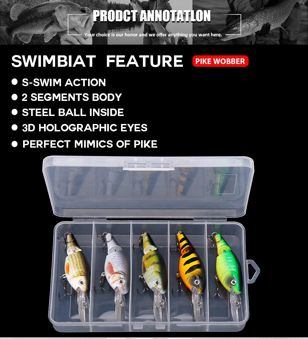 Agoie 5pcs Jointed Crankbait Deep Diving Lure 105mm 15g Floating Wobbler with Rattles for Bass Pike Zander Hard Bait Fishing Set