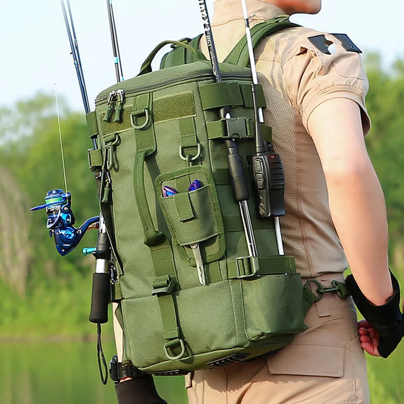Tactical Fishing Backpack with Rod Holders – Waterproof MOLLE Tackle Bag for Camping, Hiking & Travel