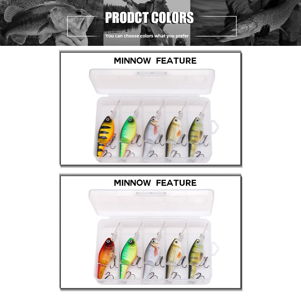 Agoie 5pcs Jointed Crankbait Deep Diving Lure 105mm 15g Floating Wobbler with Rattles for Bass Pike Zander Hard Bait Fishing Set