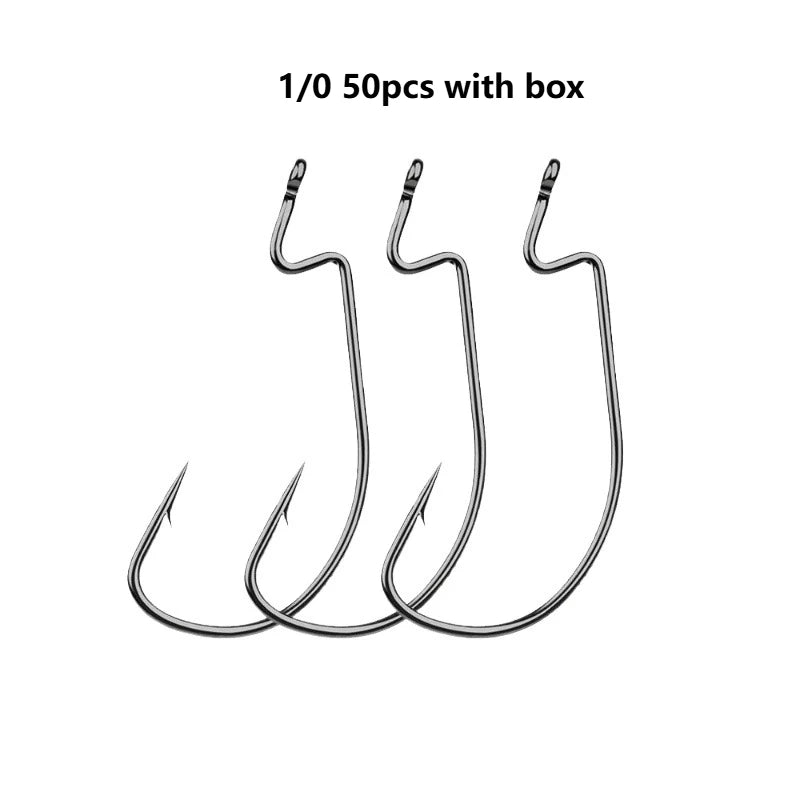 50Pcs Box High Carbon Stainless Steel Fishing Hooks Set Jig Crank Barbed Hook Wide Gap Offset Fishhook Soft Worm Sea Hook Tackle