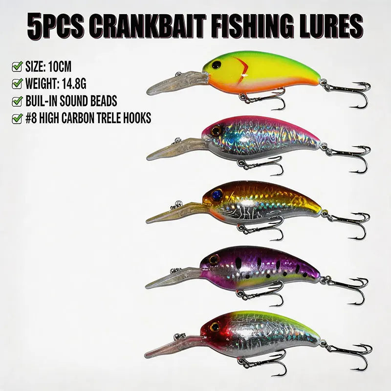 10cm 14.8g Deep Diving Crankbait Set 5 Colors Hard Lures Diving Bait Rattling Beads 8# Treble Hooks Bass Pike Fishing Wobbler