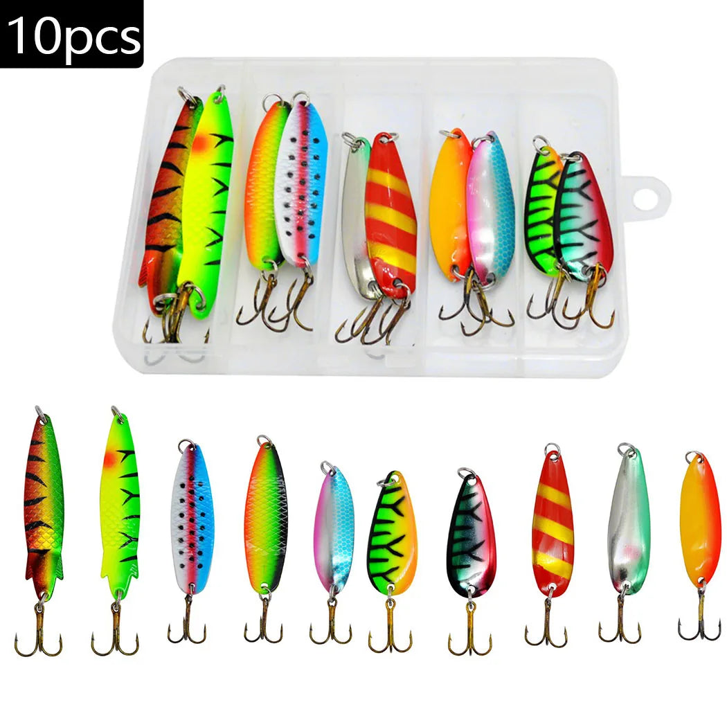 10pcs/box Fishing Spoons Hard Bait For Pike Trout Metal Spinner Spoon Lure Mix Colors With Treble Hooks Artificial Lures Set