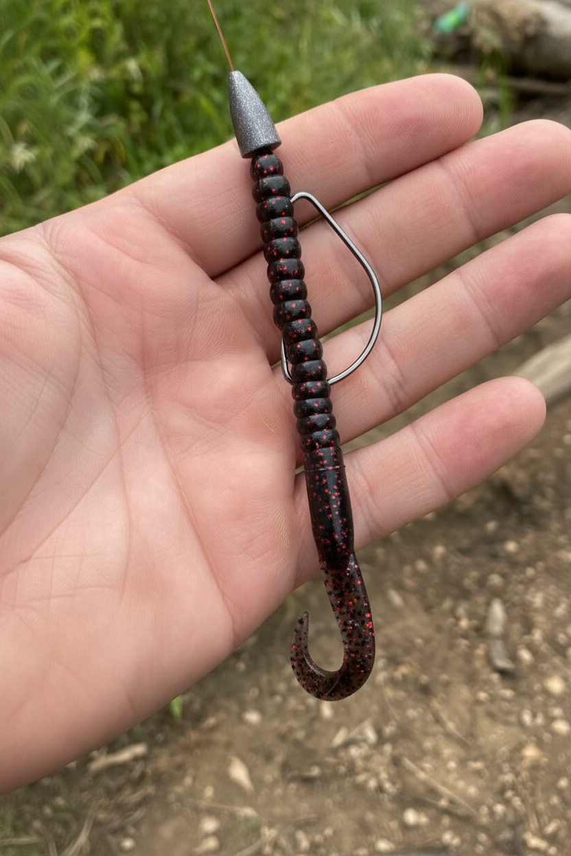 Curl Tail 6" Smoke Black Red Flake – Texas Rig Reference Style