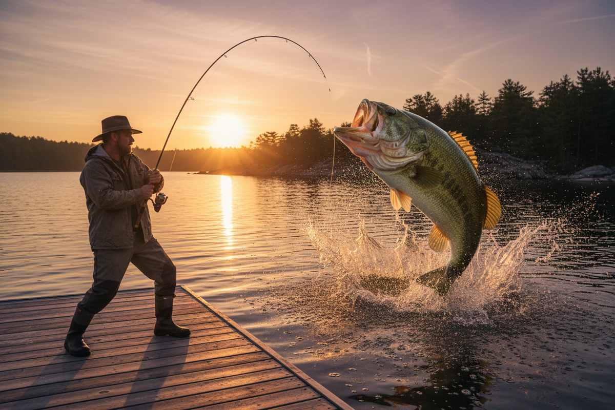 Man on Dock Fighting Giant Bass