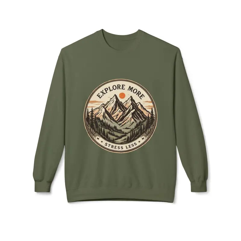 Olive Green Crewneck Sweatshirt Mountain Design Explore More Stress Less