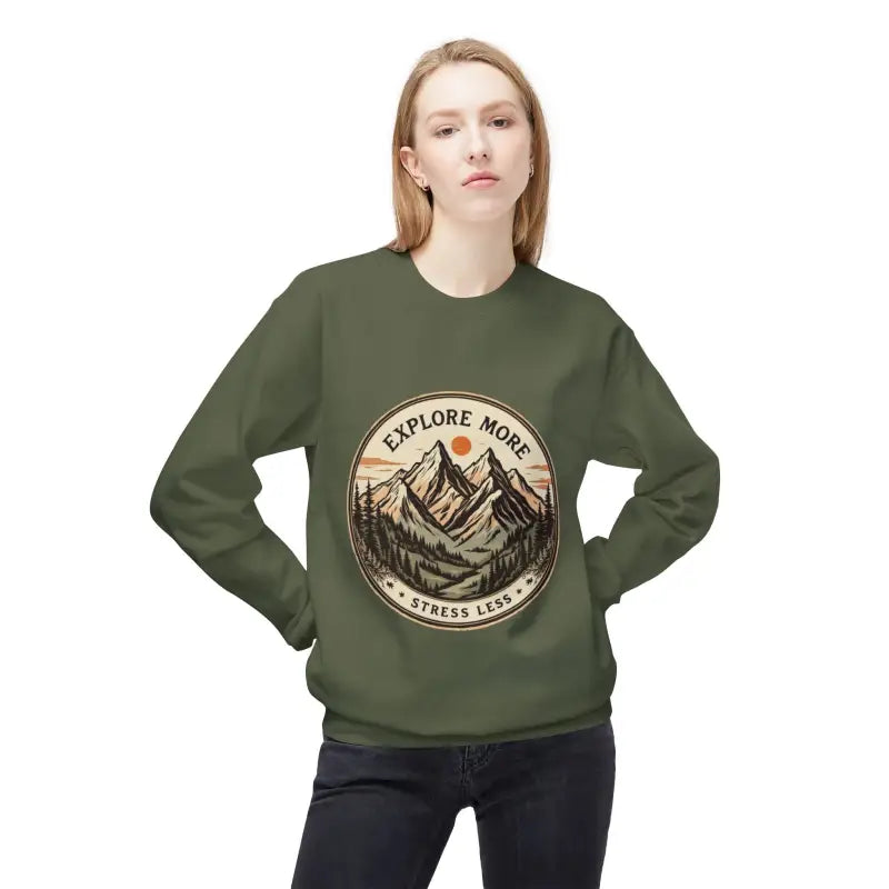 Olive Green Crewneck Sweatshirt Mountain Design Explore More Stress Less